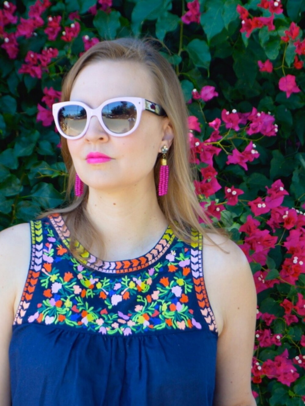 J.Crew Navy Tank with Multicolor Floral Embroidery Linen Cotton Blend Size 14